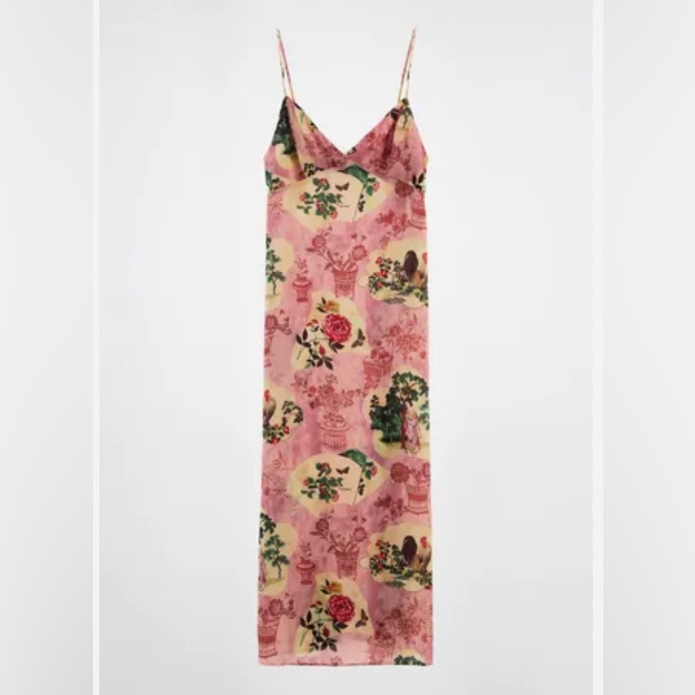 Zara Pink Satin Strappy Slip Dress Floral | Lady Chicken Print